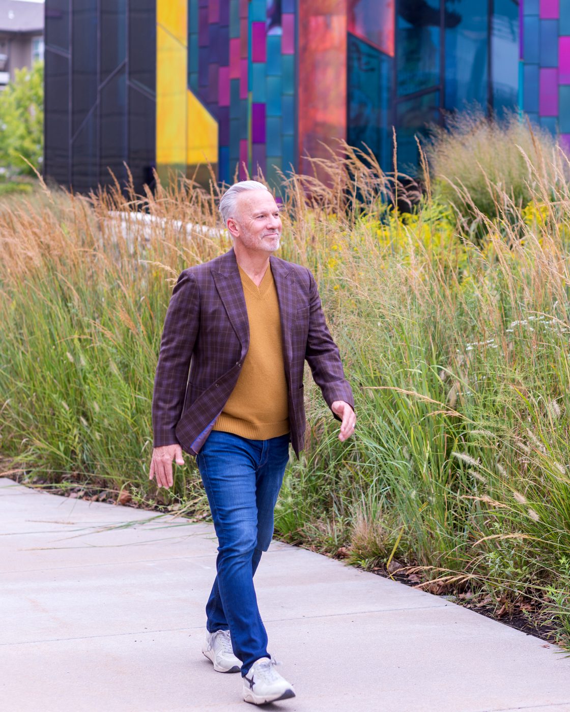 Glenn Fisher — Plaid sport coat, mustard knit